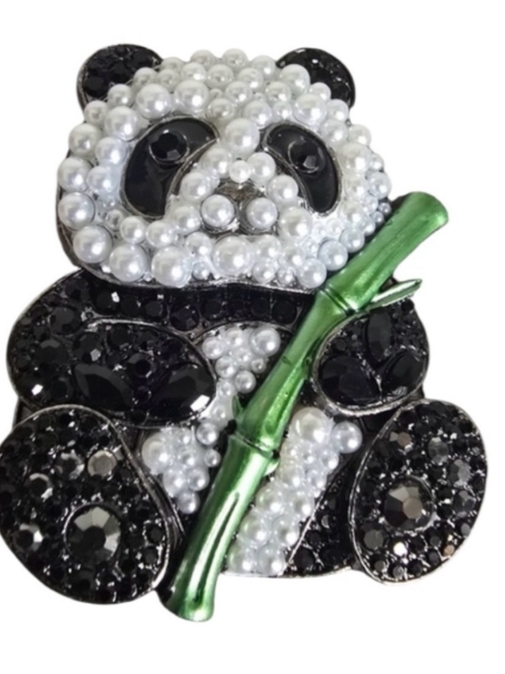 panda brooch, black rhinestones faux white pearls this panda holding bamboo nowt